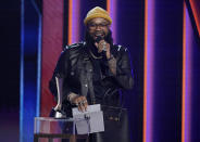 Blanco Brown presents the award for group of the year at the 56th annual Academy of Country Music Awards on Sunday, April 18, 2021, at the Grand Ole Opry in Nashville, Tenn. (AP Photo/Mark Humphrey)