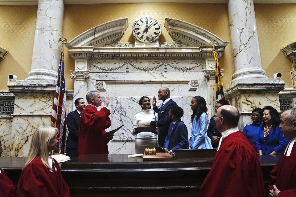 Wes Moore is sworn in as the 63rd governor of the state of Maryland in Annapolis, Md., Wednesday, Jan. 18, 2023. Maryland Supreme Court Chief Justice Matthew Fader administers the oath. (AP Photo/Bryan Woolston, Pool)