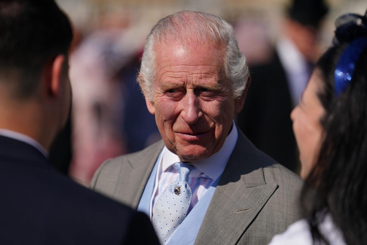 charles smiling slightly at garden party