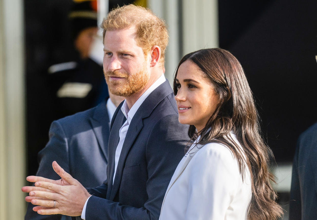 Prince Harry and Meghan attend a reception for friends and family of competitors of the Invictus Games at Nations Home at Zuiderpark on April 15, 2022 in The Hague, Netherlands. (Samir Hussein / WireImage)