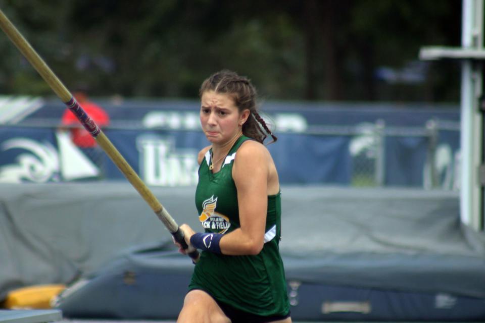 Kylie Neira of DeLand begins her approach toward the bar in the girls pole vault  at the FHSAA Class 4A high school track and field state championship in Jacksonville on May 20, 2023. [Clayton Freeman/Florida Times-Union]