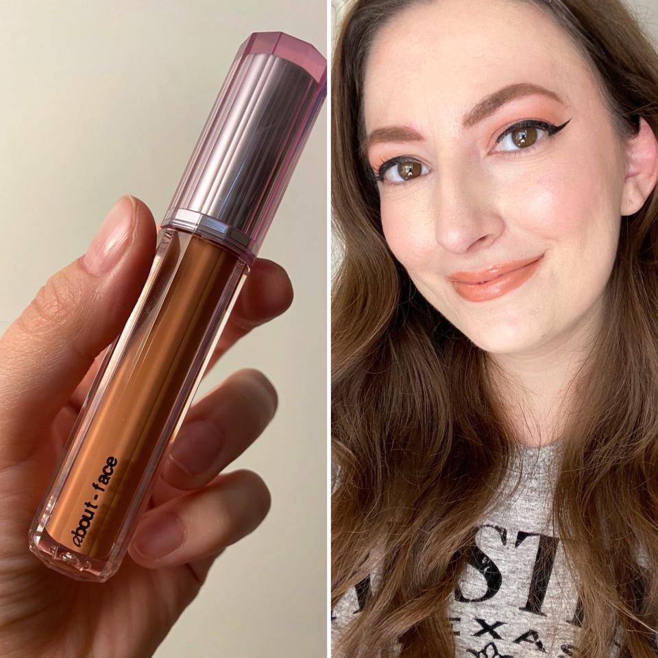 An About-Face lip gloss (left) and reporter Amanda Krause wearing the product (right).