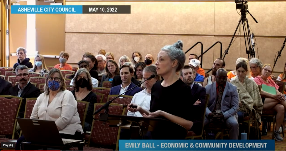 Emily Ball, homeless lead with the city, presented to Asheville City Council on May 10.