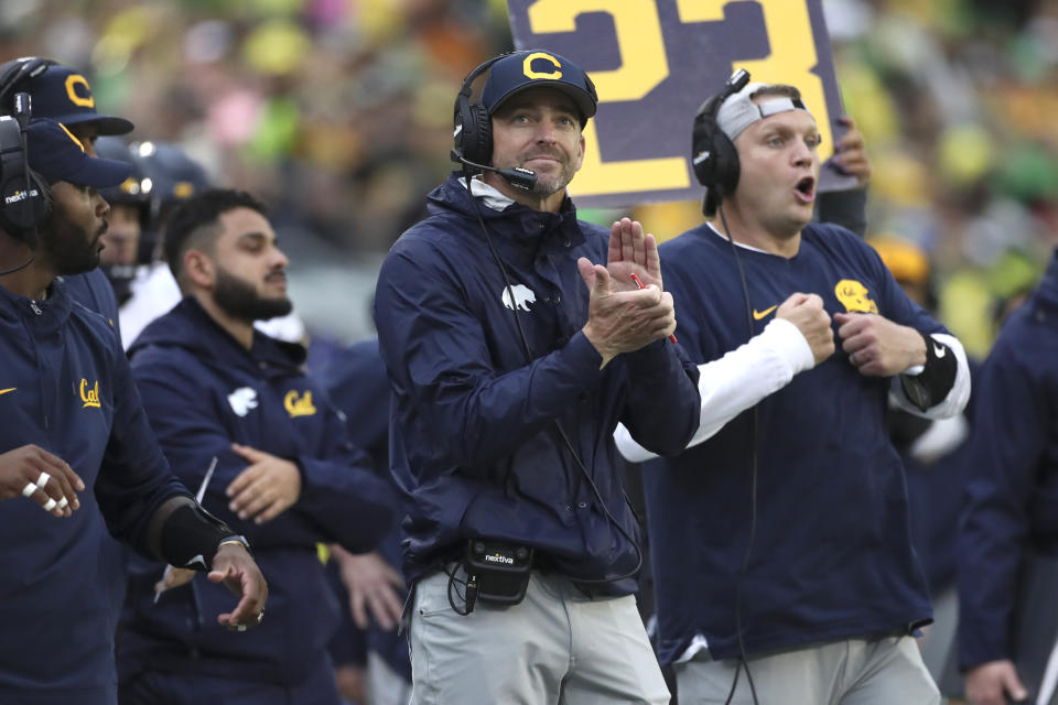 California head coach Justin Wilcox reacts during the first half of an NCAA football game against Oregon, Saturday, Nov. 4, 2023, in Eugene, Ore. (AP Photo/Amanda Loman)