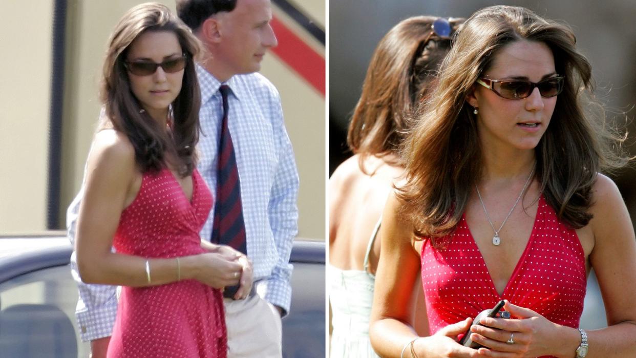  Composite of images of Kate Middleton wearing a red halterneck dress and wedges to watch a polo match in 2006. 