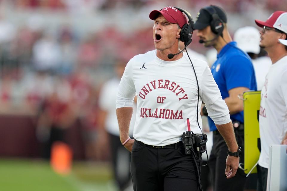 Oklahoma coach Brent Venables shouts during a college football game between the University of Oklahoma Sooners (OU) and the Houston Cougars at Gaylord Family – Oklahoma Memorial Stadium in Norman, Okla., Saturday, Sept. 7, 2024.