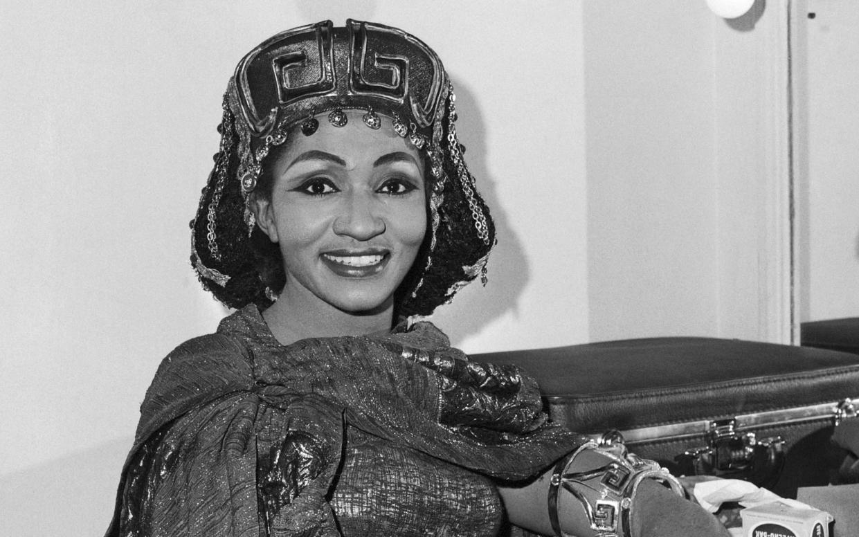 American opera singer Grace Bumbry appears in her dressing room at the Royal Opera House, Covent Garden, London in Jan. 25, 1968, after the opening performance of Verdi’s “Aida.” (AP Photo/Laurence Harris, File)