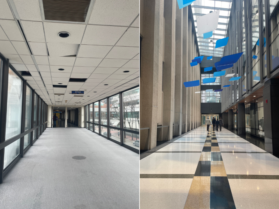 The downtown Des Moines skywalk system has not standards or enforcement for cleanliness and corridors can vary, depending on where they're located or who owns them. On the left is a city-owned skywalk bridge on Fourth Street between Court Avenue and Walnut Street. On the right is the corridor that passes through EMC Insurance Co. at Seventh and Mulberry streets.