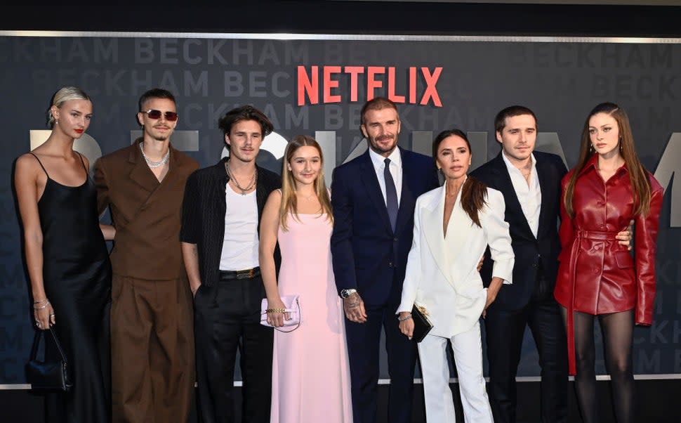 Mia Regan, Romeo Beckham, Cruz Beckham, Harper Beckham, David Beckham, Victoria Beckham, Brooklyn Peltz Beckham and Nicola Peltz Beckham attend the Netflix 'Beckham' UK Premiere at The Curzon Mayfair on October 03, 2023 in London, England