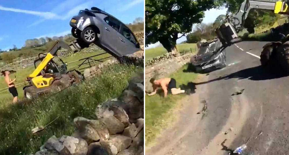 A tractor moves a Vauxhall Astra car in Durham County onto a roadway, smashing it as Charlie Burns chases after it. 