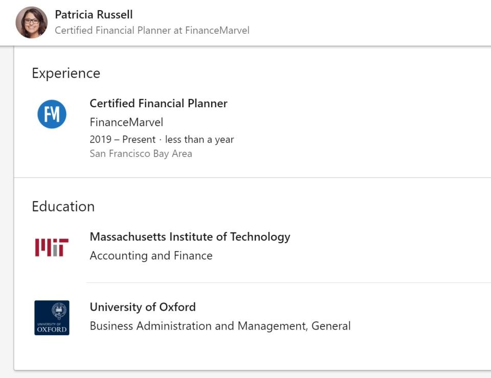 Patricia Russell's LinkedIn profile, complete with a stock photo (but not the Yale experience she claims on her bio).&nbsp; (Photo: )