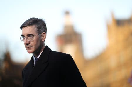 Brexit supporting Conservative MP Jacob Rees-Mogg is interviewed by a television channel in a temporary studio opposite the Houses of Parliament in London, Britain, December 11, 2018. REUTERS/Simon Dawson