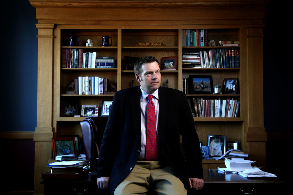 Kansas Secretary of State Kris Kobach discusses the Kansas proof of citizenship requirements for voter registration in his office in Topeka, Ks. Wednesday February 17, 2015. (Christopher Smith/ For the Washington Post via Getty Images)