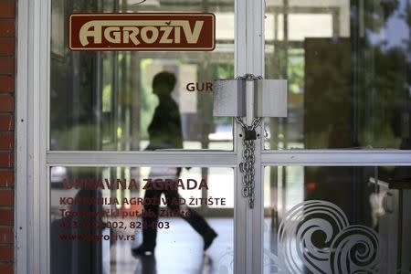 The main gate of the Agroziv factory is seen locked with chains in Zitiste June 27, 2014. REUTERS/Djordje Kojadinovic