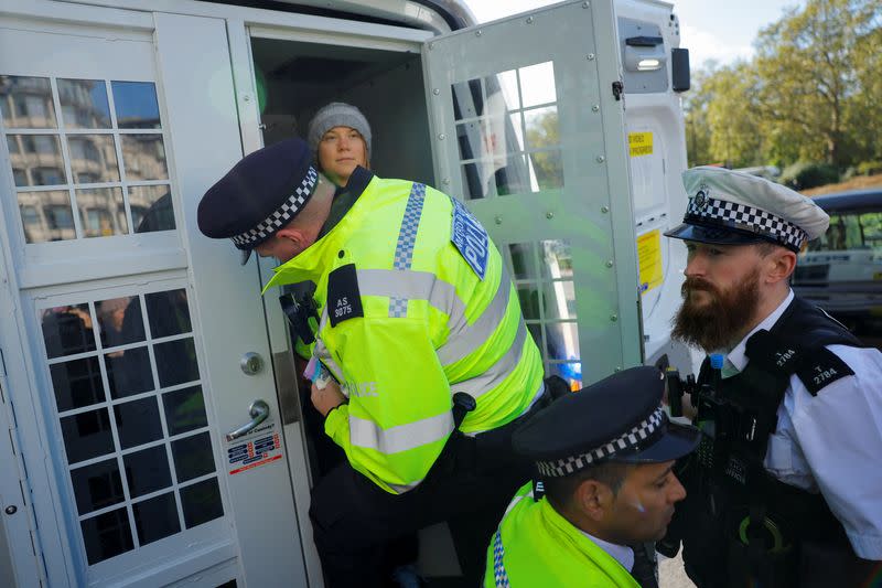 Swedish climate campaigner Greta Thunberg attends an Oily Money Out and Fossil Free London protest in London