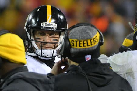 Jan 15, 2017; Kansas City, MO, USA; Pittsburgh Steelers quarterback Ben Roethlisberger (7) looks on from the sideline during the fourth quarter against the Kansas City Chiefs in the AFC Divisional playoff game at Arrowhead Stadium. Mandatory Credit: Denny Medley-USA TODAY Sports