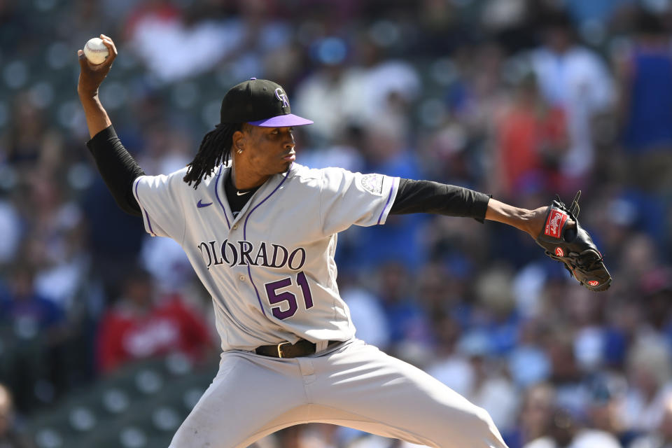 Colorado Rockies starter Jose Urena delivers a pitch during the first inning of a baseball game against the Chicago Cubs, Saturday, Sept. 17, 2022, in Chicago. (AP Photo/Paul Beaty)