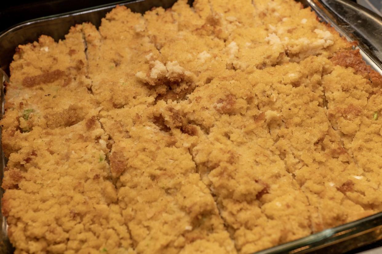 Cornbread casserole in a baking dish