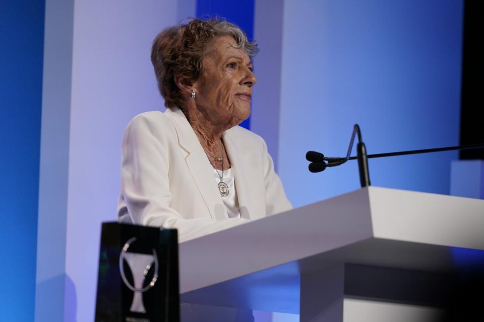 Susie Maxwell Berning gives her acceptance speech at the World Golf Hall of Fame induction ceremony on Wednesday at the PGA Tour's Global Home.