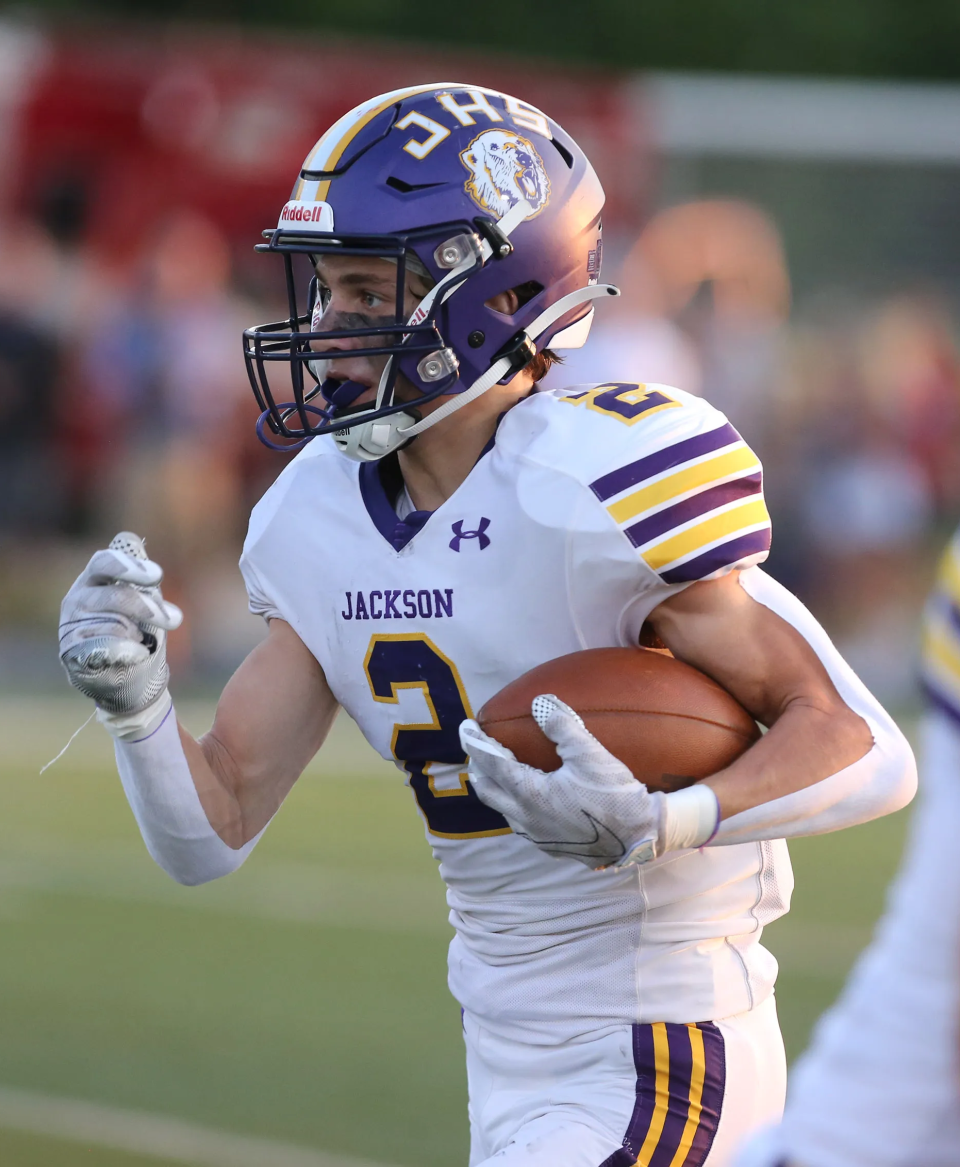 Anthony Fuline of Jackson has a long return on the opening kickoff at Perry, Sept. 16, 2022.