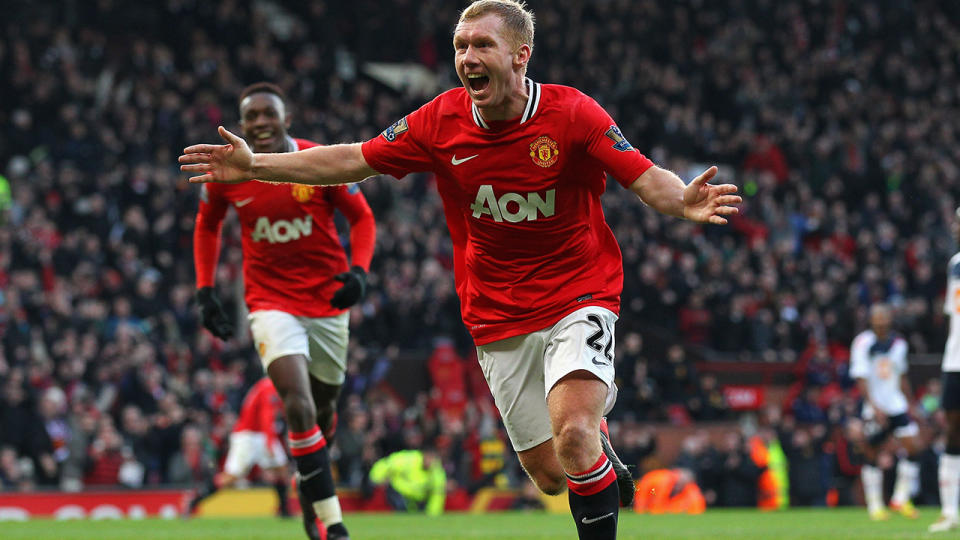 Paul Scholes, pictured here after scoring a goal for Manchester United in 2012.