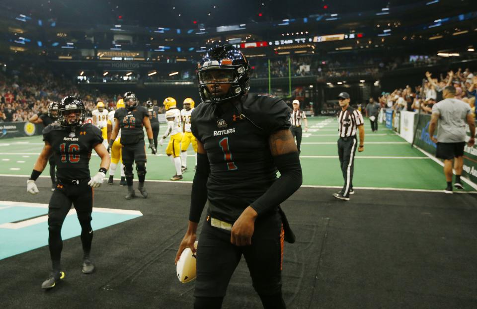 June 12, 2021; Phoenix, Arizona, USA; Rattlers' Drew Powell (1) celebrates a touchdown against the Sugar Skulls during a game at the Phoenix Suns Arena.