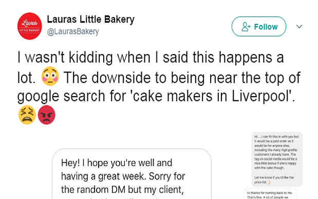 @LaurasBakery shames companies looking for free cakes  - Twitter / @LaurasBakery