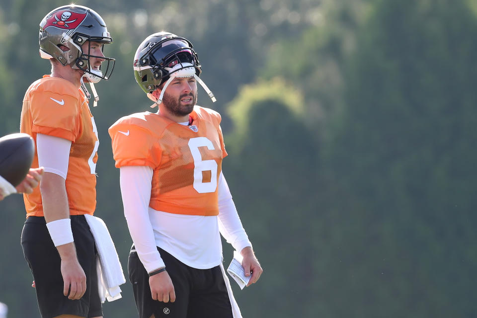 Kyle Trask vs. Baker Mayfield is the last unsettled quarterback competition across NFL training camps, for all intents and purposes. (Photo by Cliff Welch/Icon Sportswire via Getty Images)
