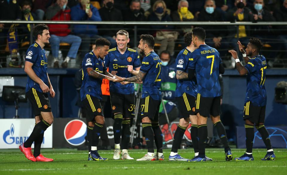 Jadon Sancho celebrates scoring his first Manchester United goal (PA)