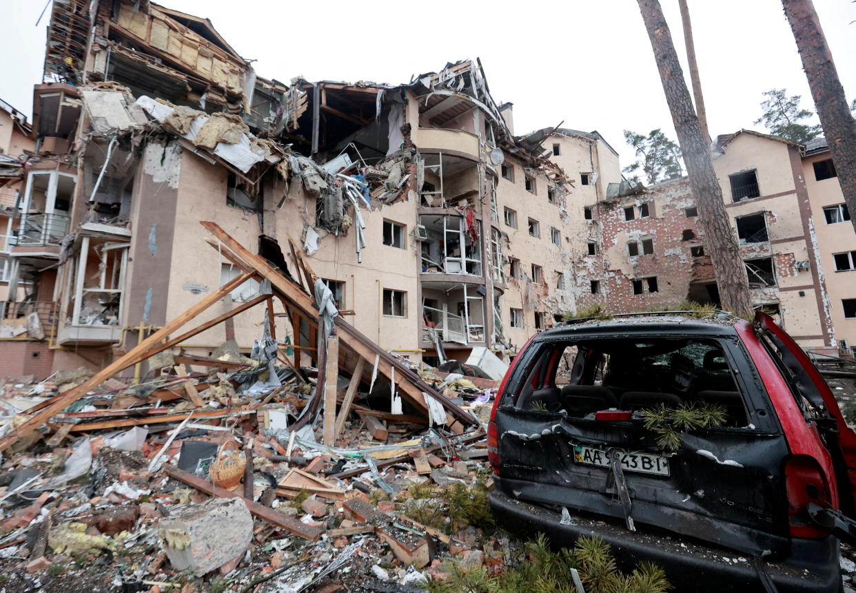 A view shows a residential building destroyed by recent shelling, as Russia's invasion of Ukraine continues, in the city of Irpin in the Kyiv region, Ukraine March 2, 2022. REUTERS/Serhii Nuzhnenko