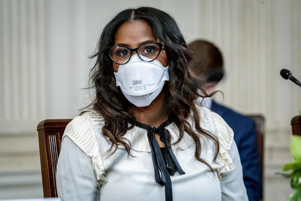 Thasunda Brown Duckett, President and CEO of TIAA (Teachers Insurance and Annuity Association), appears at a meeting with President Joe Biden and other private sector CEOs about the economy in the State Dining Room of the White House in Washington, Wednesday, Jan. 26, 2022. (AP Photo/Andrew Harnik)