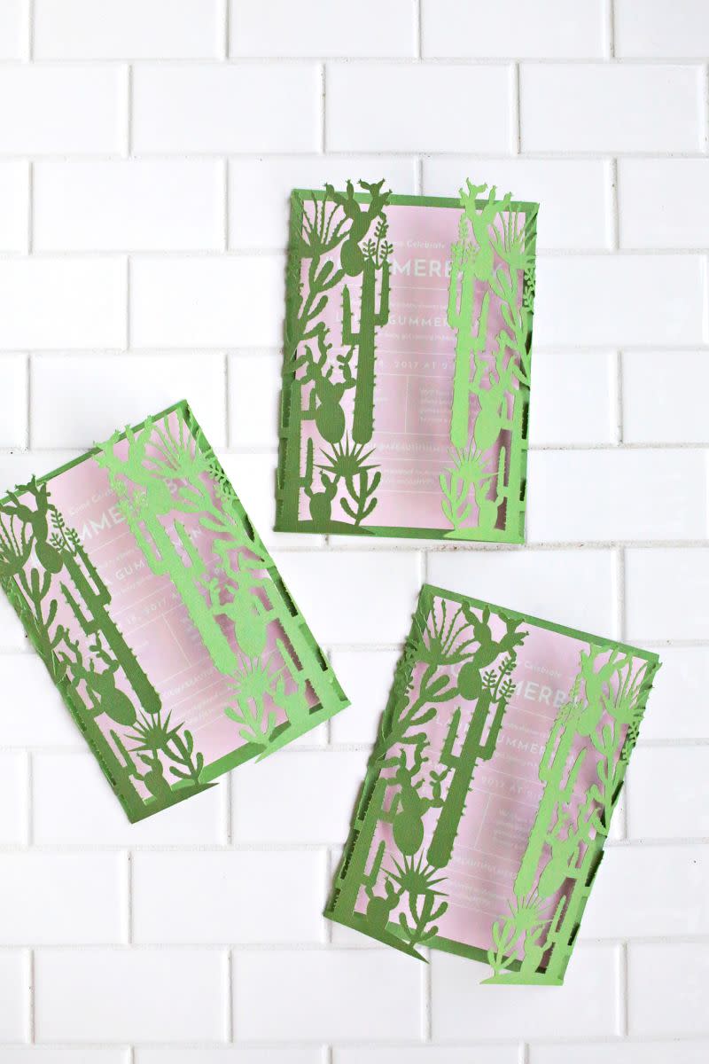 a trio of cactusthemed invites, a great baby shower idea, against a tile background