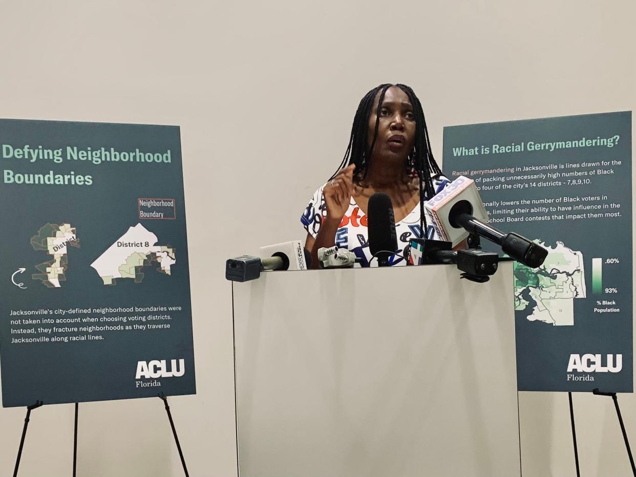 Rosemary McCoy, who is one of the plaintiffs in a  federal lawsuit over the city of Jacksonville's redistricting, speaks about why she joined the suit. McCoy participated in a news conference Friday, Sept. 16, 2022.