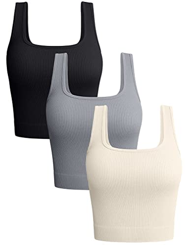 OQQ Women's 3 Piece Tank Shirt Ribbed Seamless Workout Exercise Yoga Crop, Black Grey Beige, Large
