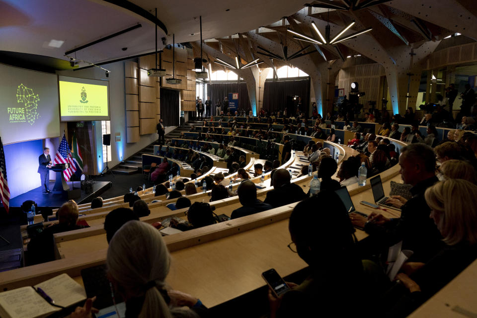 Secretary of State Antony Blinken gives a speech on the U.S. Africa Strategy at the University of Pretoria's Future Africa Campus in Pretoria, South Africa, Monday, Aug. 8, 2022. Blinken is on a ten day trip to Cambodia, Philippines, South Africa, Congo, and Rwanda. (AP Photo/Andrew Harnik, Pool)