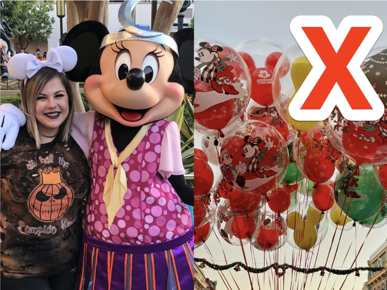 dana posing with minnie mouse and an x over a bundle of disney balloons