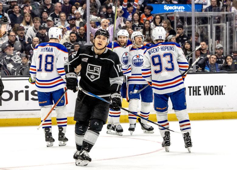 LOS ANGELES, CA - APRIL 28, 2024: Los Angeles Kings left wing Trevor Moore (12) skates away.