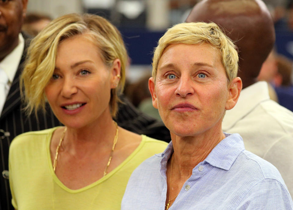 ARLINGTON, TEXAS - OCTOBER 06: Portia de Rossi and Ellen DeGeneres watch the Green Bay Packers and Dallas Cowboys warm up before the game at AT&T Stadium on October 06, 2019 in Arlington, Texas. (Photo by Richard Rodriguez/Getty Images)