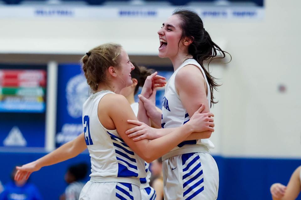 Chippewa's Aira Regan (right) celebrates with teammate Ava Bennett after their team's win.
