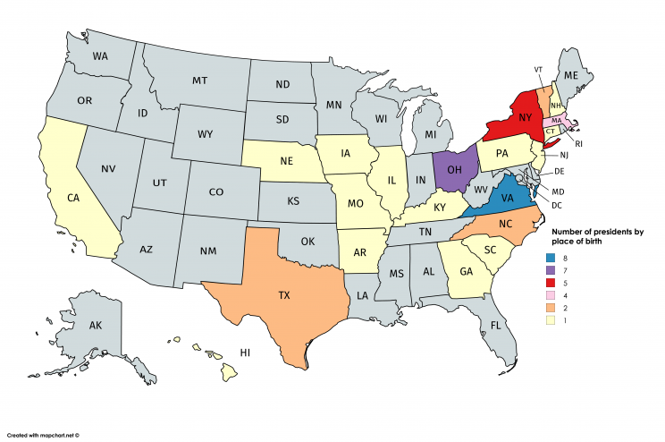 Number of presidents by place of birth