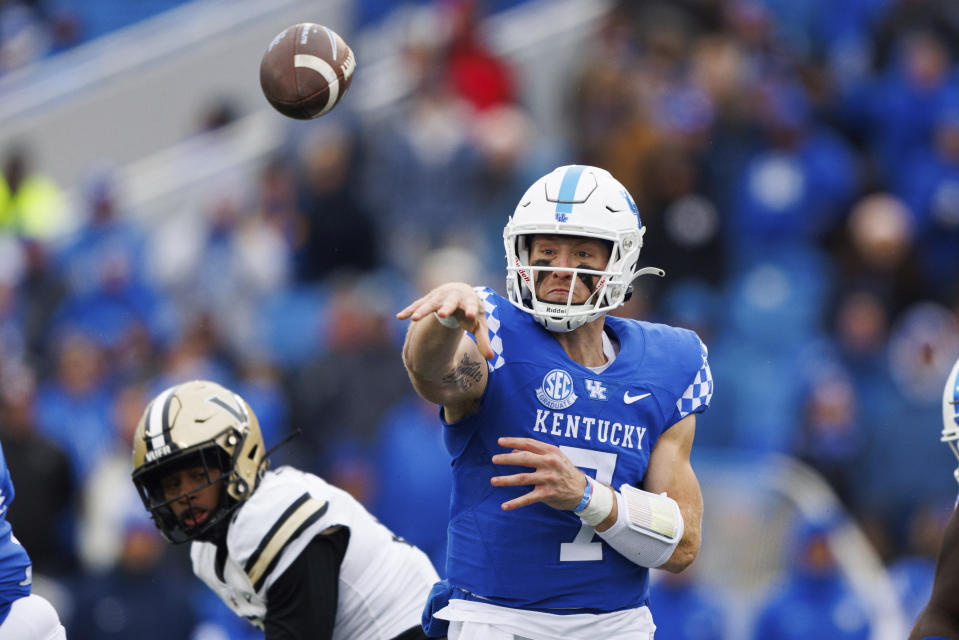 Kentucky quarterback Will Levis throws a pass during the second half of an NCAA college football game against Vanderbilt in Lexington, Ky., Saturday, Nov. 12, 2022. (AP Photo/Michael Clubb)