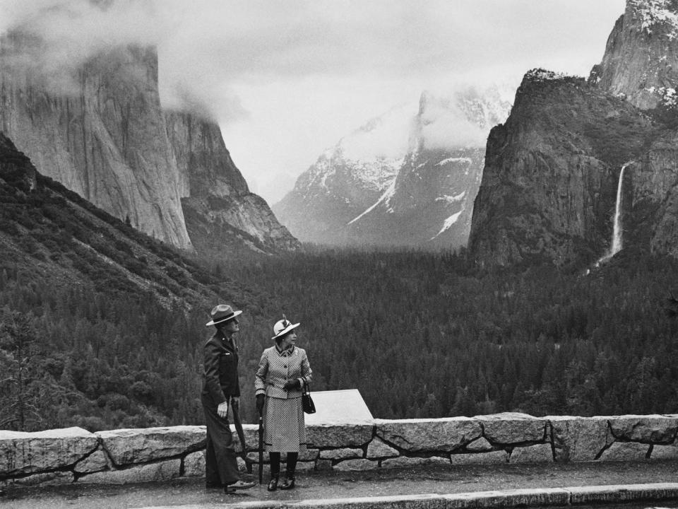 England's Queen Elizabeth poses at a Yosemite Valley, California, during her 1982 tour of the West Coast.