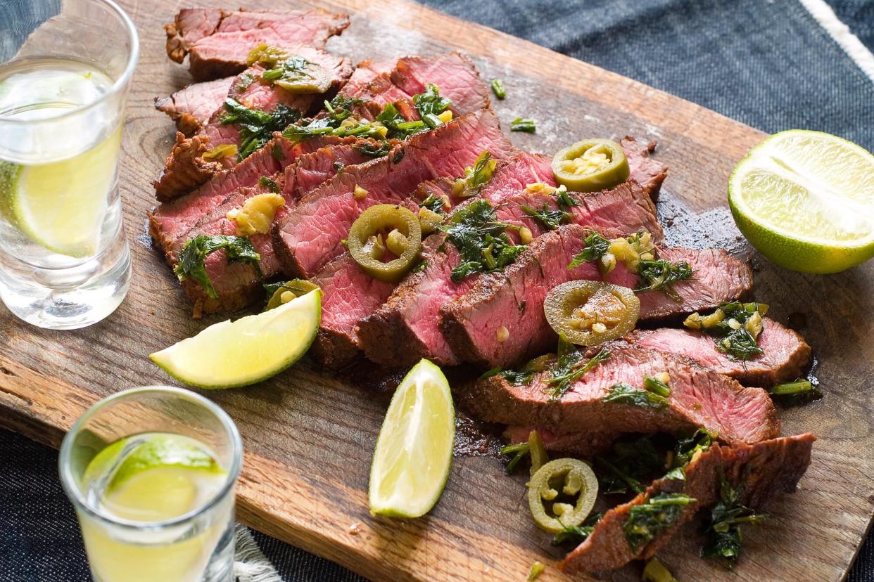 Steak with jalapeno pepper and tequila