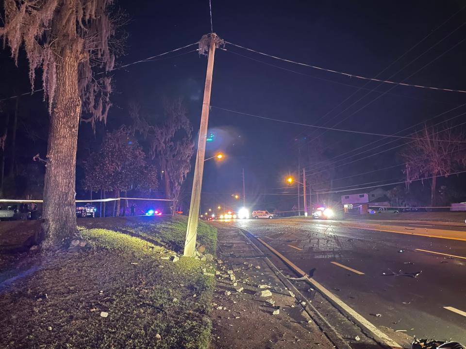 Authorities said this utility pole has to be replaced following a two-vehicle crash along SE 36th Avenue where two people died and third injured on Tuesday night.