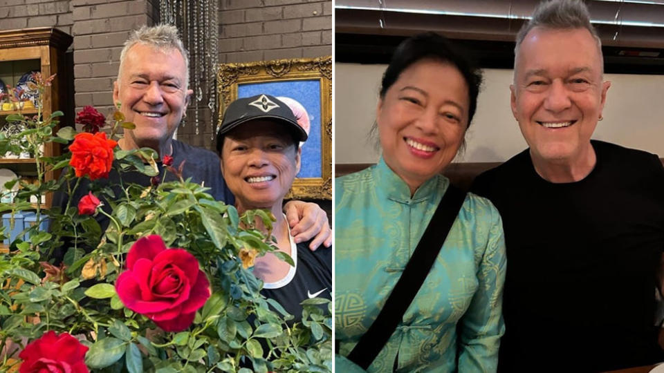 Jimmy and Jane Barnes pose with roses (left) and sitting down (right).