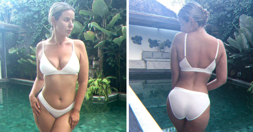 Olivia Frazer wearing white swimsuit, front and back shot