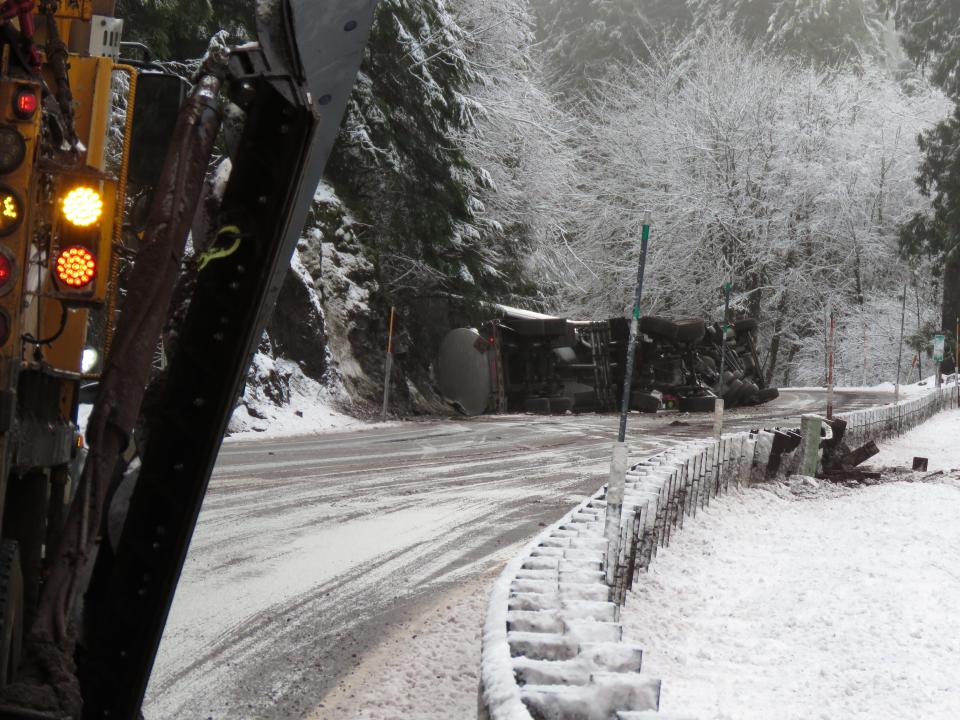 A tanker overturned Sunday morning on Highway 22, spilling fuel into a roadside ditch.