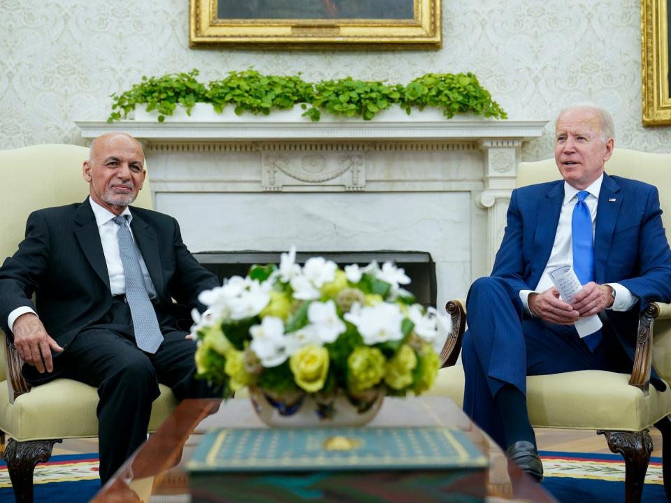 US President Joe Biden and Afghan President Ashraf Ghani meet in the Oval Office.