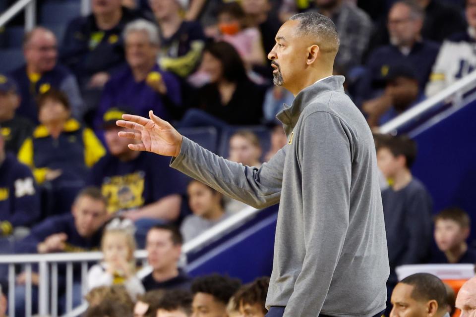 Michigan Wolverines head coach Juwan Howard on the sideline in the first half against the Eastern Michigan Eagles at Crisler Center on Saturday, Dec. 16, 2023.