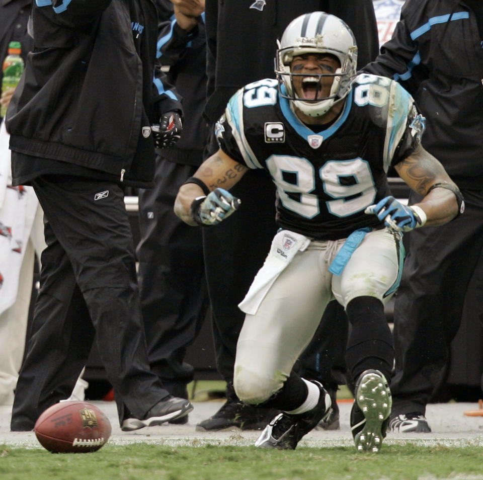 FILE - In this Dec. 2, 2007, file photo, Carolina Panthers' Steve Smith (89) reacts after making a catch during the second quarter against the San Francisco 49ers in an NFL football game in Charlotte, N.C. Smith, a free agent, signed a three-year deal with the Baltimore Ravens on Friday, March 14, 2014. (AP Photo/Chuck Burton, File)